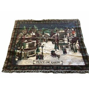 Peace On Earth Christmas Tapestry Throw Blanket NEW Victorian Village Cotton 74"